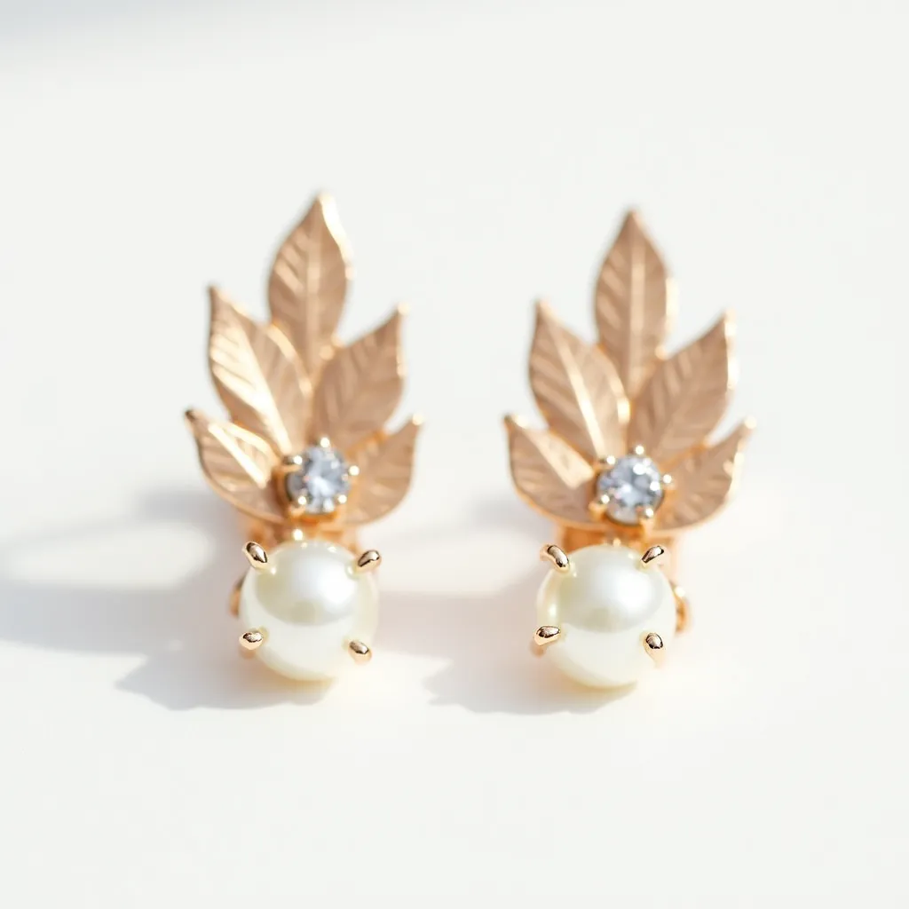 These gold earrings feature intricately designed gold leaves with a polished finish, offering an elegant and natural aesthetic. Each earring is adorned with two types of gems: a small, round-cut, clear stone, possibly a diamond or cubic zirconia, set in a simple prong setting, and a larger, lustrous pearl also held by prongs, enhancing its classic allure. The earrings appear to have a post backing, commonly used for stud earrings, which ensures secure attachment while adding comfort for the wearer.