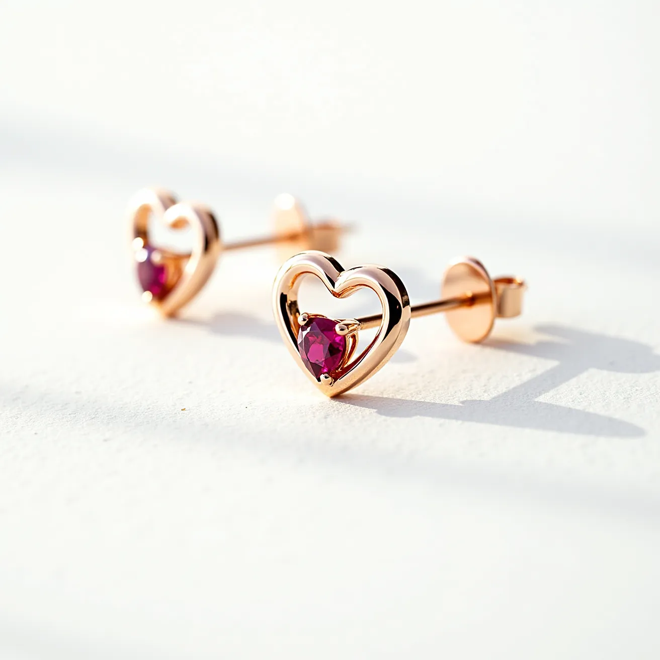 These gold heart earrings feature a delicate open-heart design crafted from polished gold. Each earring is adorned with a central red gemstone, likely a ruby, which is heart-shaped to complement the overall motif. The gemstone is set in a three-prong setting, allowing it to be prominently displayed while securely anchored. The earrings use a classic post-and-back attachment, making them suitable for pierced ears and providing ease of wear and removal.