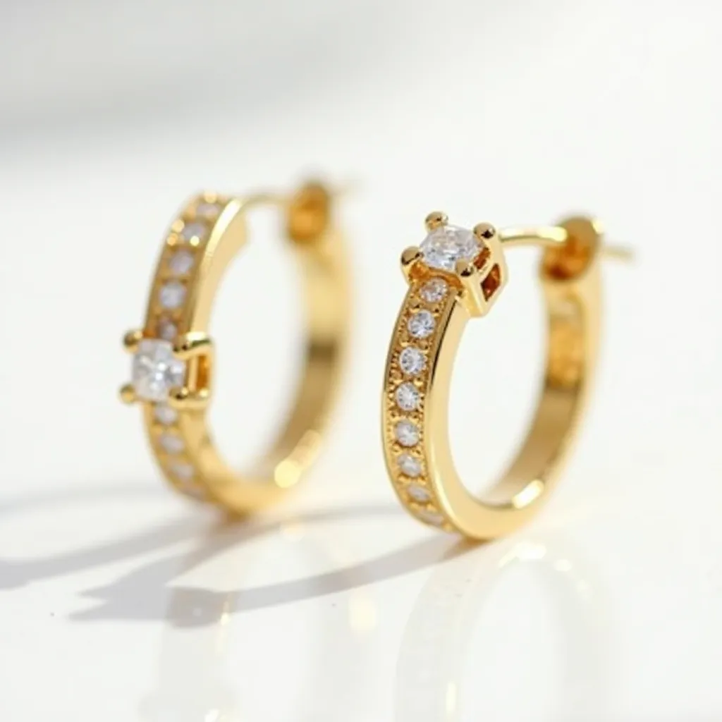 These gold hoop earrings are crafted from a rich, lustrous gold material, elegantly set with sparkling white stones. Each earring prominently features a larger central stone, secured in a prong setting that enhances its brilliance. Surrounding the main stone are smaller round stones intricately embedded along the front-facing curve of the hoop, providing a touch of continuity and shimmer. The hoops have a hinged clasp mechanism, ensuring a secure and comfortable closure when worn. The overall design marries luxury with practicality, making these earrings a versatile addition to any jewelry collection.