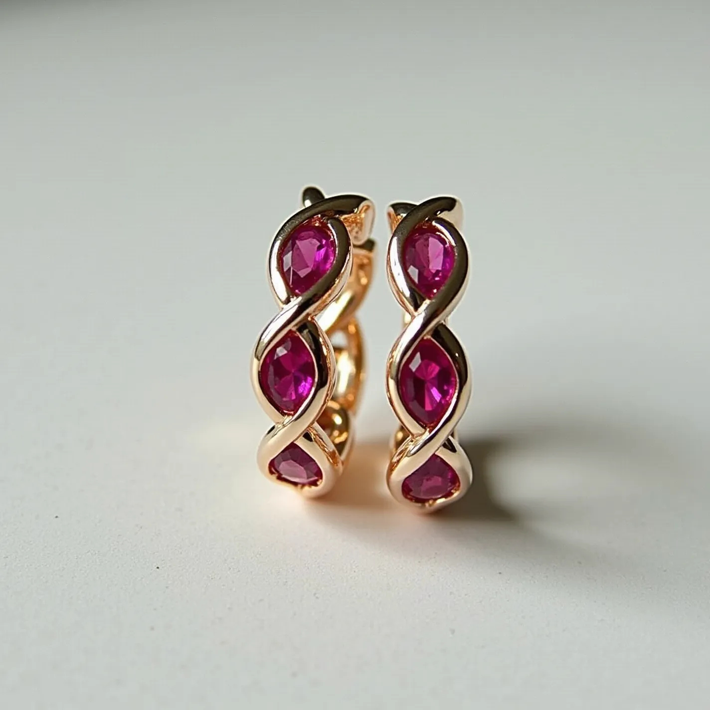 These gold hoop earrings feature a delicate and intricate design, with the structure made of polished gold that exudes a classic and elegant appeal. Adorned with vibrant, oval-cut gemstones, possibly rubies, these stones are set in a unique twisting pattern, highlighting their vivid red hue. The stones are securely held in place and framed by the gold, enhancing their brilliance and providing a seamless and sophisticated look. The hoops are equipped with a hinge and snap closure mechanism, ensuring a secure and comfortable fit when worn. The combination of gold and gemstones gives these earrings an exquisite and luxurious appearance.