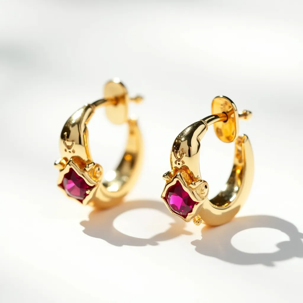 These gold hoop earrings feature a polished gold finish with a vibrant red gemstone set into each hoop. The gemstones appear to be a cushion cut, mounted in a claw setting that securely holds them in place while adding an elegant touch to the design. The earrings are equipped with a post back clasp, ensuring a secure and comfortable fit for the wearer. The combination of the lustrous gold and the deep red stones creates a striking and sophisticated aesthetic.