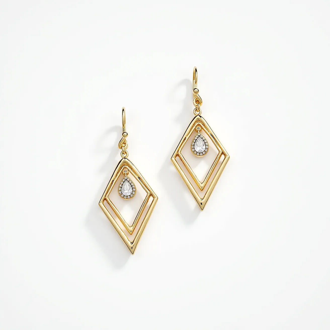 These gold teardrop earrings feature a classic drop design with an elegant layered rhombus motif. The primary material is polished gold, which forms two interconnected diamond-shaped frames. Inside each frame hangs a teardrop-shaped gem with a clear appearance, likely a diamond or crystal, set in a bezel-style setting. The gem is faceted to enhance its reflective properties, providing a lustrous contrast against the gold. The earrings are designed with a French hook clasp for secure and easy attachment to the ear.