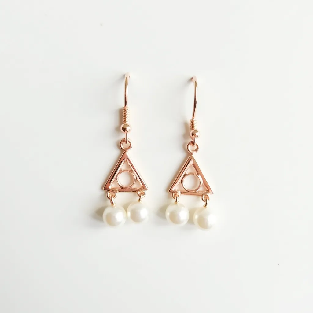 These hanging earrings feature a striking geometric design with triangular metal frames, likely made of a rose gold-toned material. Suspended from the base of each frame are three round, smooth pearls, giving the earrings a classic and elegant touch. The pearls are likely cultivated or imitation, judging by their uniform shape and luster. The earrings are structured with fishhook ear wires, offering a secure yet easy-to-use attachment, allowing them to dangle freely and elegantly. The combination of the modern geometric design with the timeless appeal of pearls creates a versatile accessory suitable for various occasions.