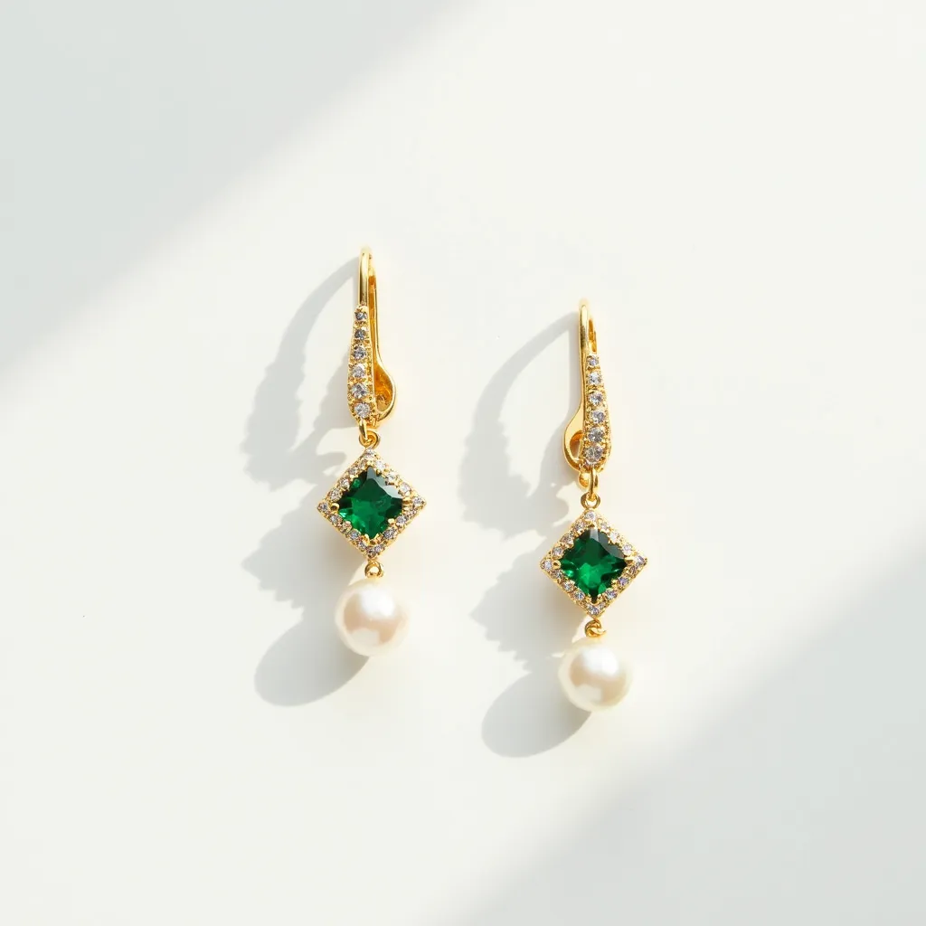 These hanging earrings feature an elegant design crafted from gold-toned metal. They showcase square-cut green gemstones, likely emeralds or similarly hued stones, set in a halo of small clear pave-set crystals. Below each green stone, a single round pearl dangles, adding a classic touch to the contemporary style. The earrings are attached with a lever-back clasp adorned with additional clear crystals, creating a seamless and complementary sparkle from top to bottom.