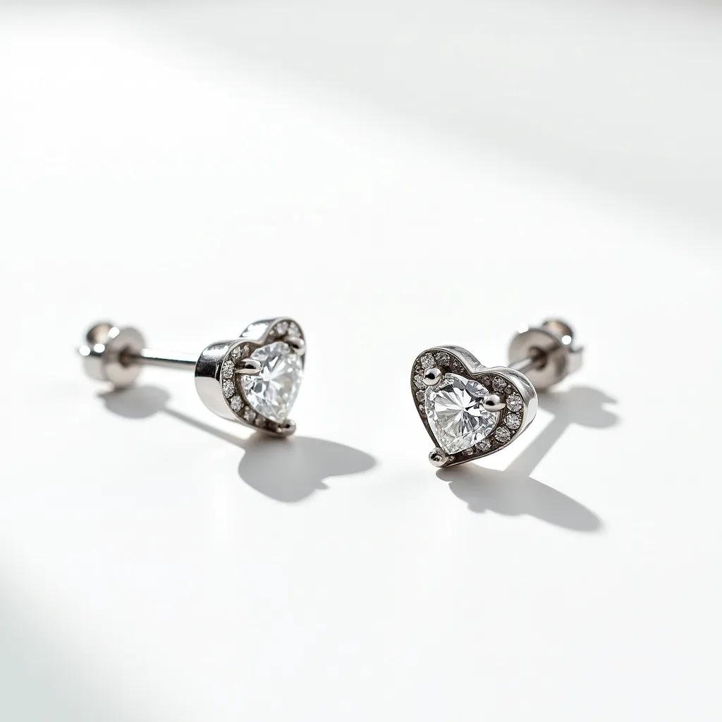 These heart diamond earrings feature a central gemstone cut in a heart shape, showcasing its clarity and brilliance. The stones are securely set in a metal frame, likely made of white gold or platinum, enhancing the light reflection. Surrounding the main diamond, smaller round-cut diamonds create a sparkling halo effect that amplifies the elegance of the design. The earrings have a stud back with a push or butterfly clasp, ensuring a snug and secure fit when worn. The combination of materials and precise craftsmanship results in a sophisticated and timeless piece of jewelry.