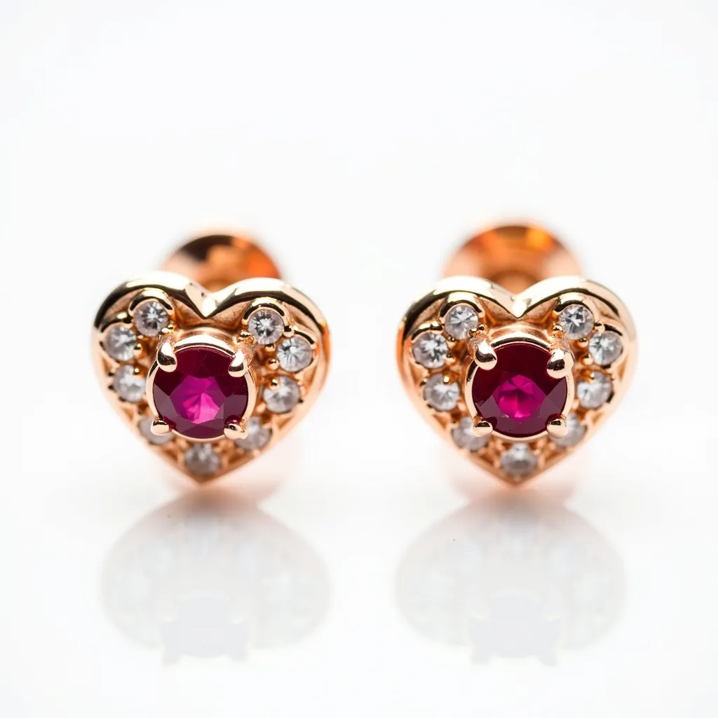 These heart diamond earrings feature a central, round-cut ruby set in a four-prong setting, which is surrounded by a halo of smaller, round-cut diamonds, embedded within a heart-shaped setting. The earrings are crafted in what appears to be rose gold, which complements the vibrant red hue of the ruby and the sparkle of the diamonds. The setting enhances the overall brilliance and elegance of the piece, with each diamond held securely, allowing for optimal light reflection. The earrings likely have a screw-back or push-back attachment, ensuring a secure fit when worn. These earrings showcase a harmonious blend of color and design, highlighting the beauty of the gemstones and the intricate craftsmanship of the metalwork.