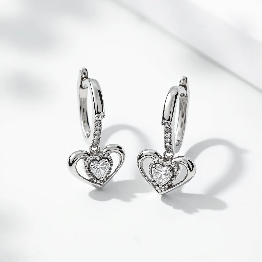 These heart diamond earrings feature a stunning heart-shaped diamond prominently set at the center of each piece, surrounded by a halo of smaller, round-cut diamonds. The central gemstone is encased within a heart-shaped frame, enhancing its brilliance and elegance. The setting appears to be crafted in a polished white metal, likely platinum or white gold, which complements the clarity of the diamonds. The earrings have a hoop style attachment, adorned with additional small diamonds that provide a seamless and sparkling transition from the clasp to the pendant. The overall design is both delicate and sophisticated, making these earrings a beautiful accessory for any occasion.