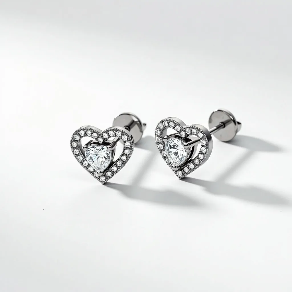 These heart diamond earrings feature a central heart-shaped diamond, expertly cut to reflect light and capture attention. The diamonds are securely set in a halo of smaller round diamonds, enhancing the sparkle and forming the outer heart shape. The setting appears to be crafted from a lustrous metal, likely white gold or platinum, which complements the brilliance of the diamonds. The earrings are designed with a stud style attachment, featuring a push-back or screw-back clasp for a secure and comfortable fit. This elegant design showcases both craftsmanship and timeless style.