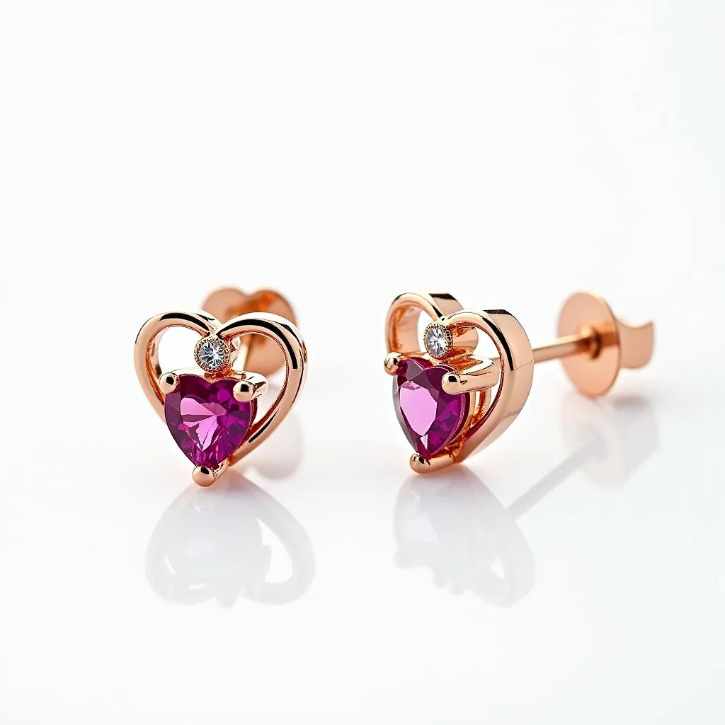 These heart diamond earrings feature a captivating design with heart-shaped purple gemstones set in a rose gold metal framework. Each earring is adorned with a small, round brilliant-cut diamond set above the purple gem, adding a touch of sparkle and elegance. The heart-shaped gemstones are secured with prong settings that allow their vibrant color to shine through beautifully. For secure attachment, these earrings utilize a traditional post back with a butterfly clasp, ensuring they stay in place comfortably. The combination of materials and meticulous craftsmanship results in a pair of earrings that are both stylish and sophisticated.