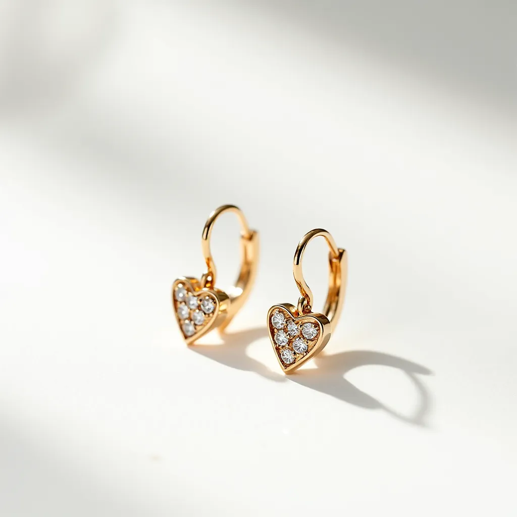 These heart earrings feature a delicate design crafted from a shiny gold material, likely gold or gold-plated metal. Each earring displays an arrangement of small, round-cut clear gems that are likely to be diamonds or diamond simulants, arranged in a pave setting within the heart shape. The heart pendants hang from small gold hoop earrings that include a hinged clasp for secure attachment to the ear, adding a touch of elegance to the overall design.