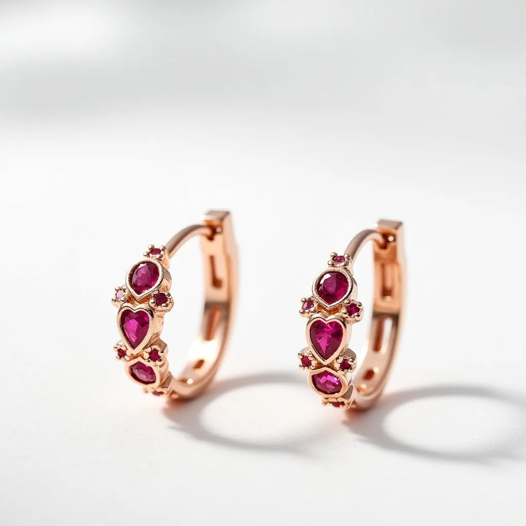 These heart hoop earrings feature a lustrous rose gold setting, showcasing a delicate arrangement of vibrant red gemstones. The gems, cut in heart and oval shapes, are set in prong settings, enhancing their brilliance. Small round stones accentuate each larger stone, adding an extra touch of detail and sparkle. The earrings are designed with a hinged clasp attachment, ensuring secure and comfortable wear. The warm hue of the rose gold complements the rich red tones of the stones, creating an elegant and romantic aesthetic.