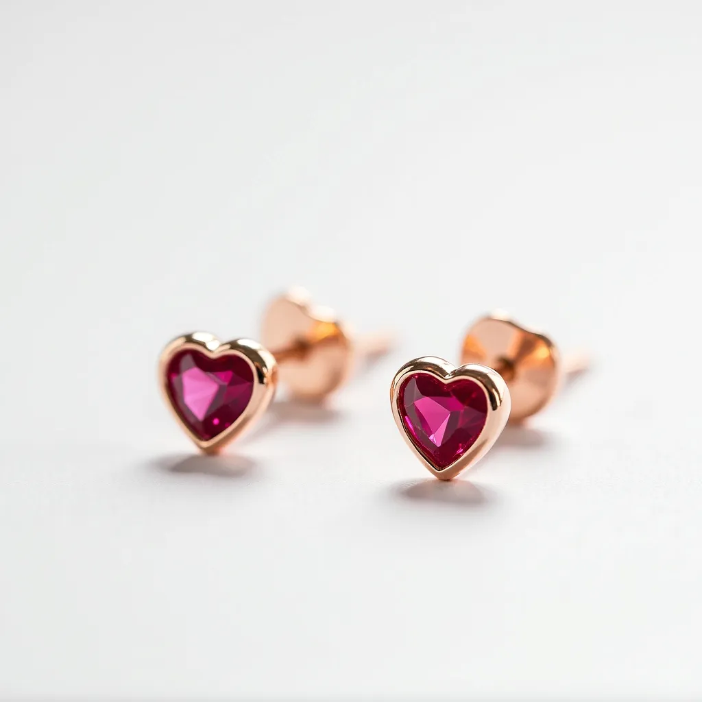 These heart stud earrings feature a vibrant red gemstone cut into a heart shape, which is elegantly set within a polished metal frame, likely gold in color. The gemstones are mounted in a classic bezel setting that securely encloses them, enhancing their romantic appeal. The studs utilize a simple post and butterfly clasp mechanism for secure attachment and ease of wear, offering a touch of elegance and sophistication that makes them suitable for various occasions.