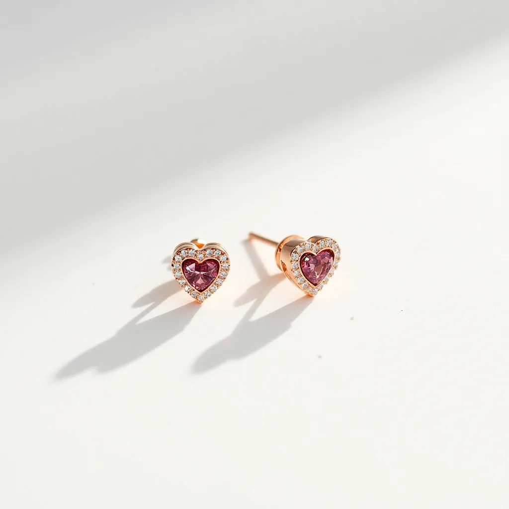 These heart stud earrings feature a charming design with a central heart-shaped pink gemstone, surrounded by a delicate border of small, clear stones. The central stone is cut into a heart shape and is securely set in a halo setting, enhancing its prominence and sparkle. The surrounding stones add a touch of brilliance, accentuating the overall elegance of the earrings. These studs are crafted from a material with a warm, rosy hue, likely rose gold, which complements the pink gemstone beautifully. They are equipped with a classic post and butterfly clutch back, ensuring a secure and comfortable fit for wearers.