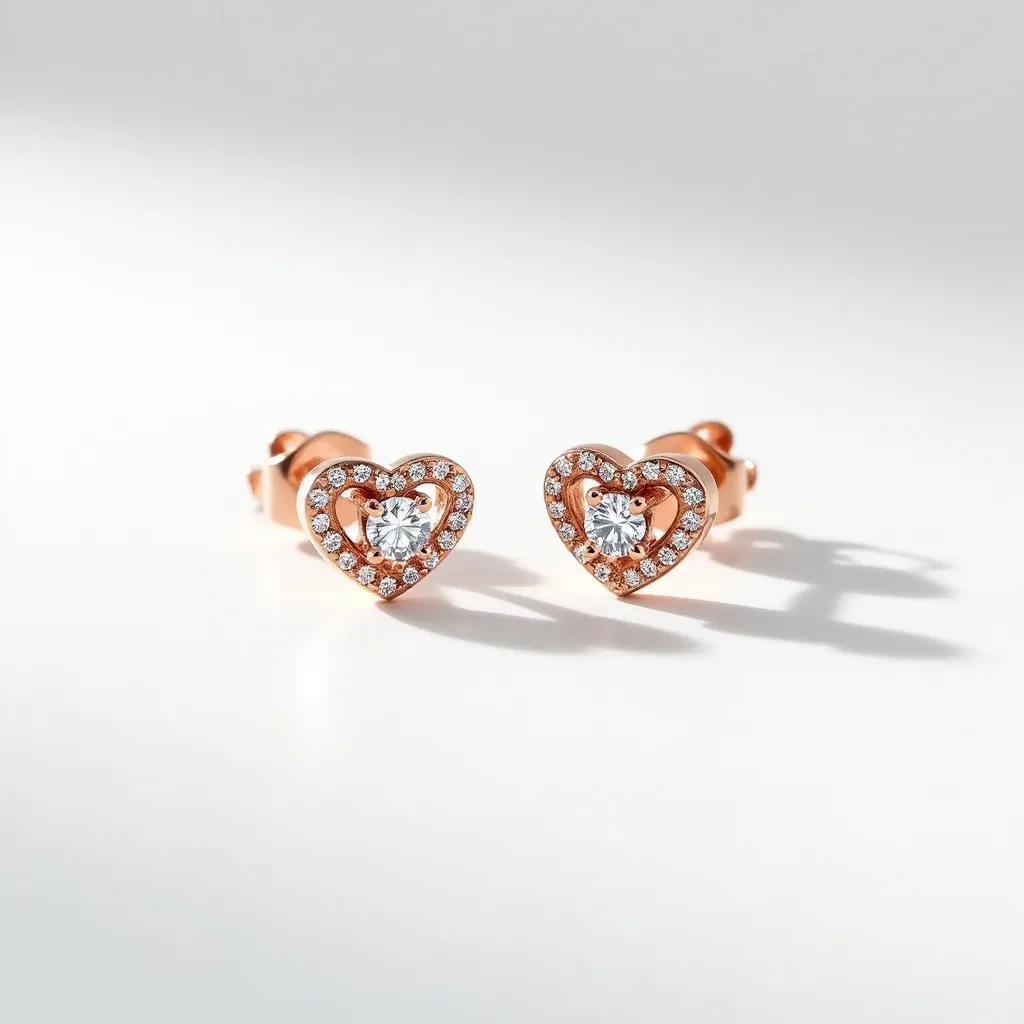 These heart stud earrings are crafted with a warm pinkish metal, likely rose gold, which forms a delicate heart-shaped frame. Within each heart, a prominent round-cut gemstone is centrally positioned, encircled by a halo of smaller, sparkling stones that enhance the overall brilliance. The stones are secured in a prong setting, adding a touch of elegance and ensuring stability. They are designed with a post and butterfly back closure, providing a secure and comfortable fit when worn.