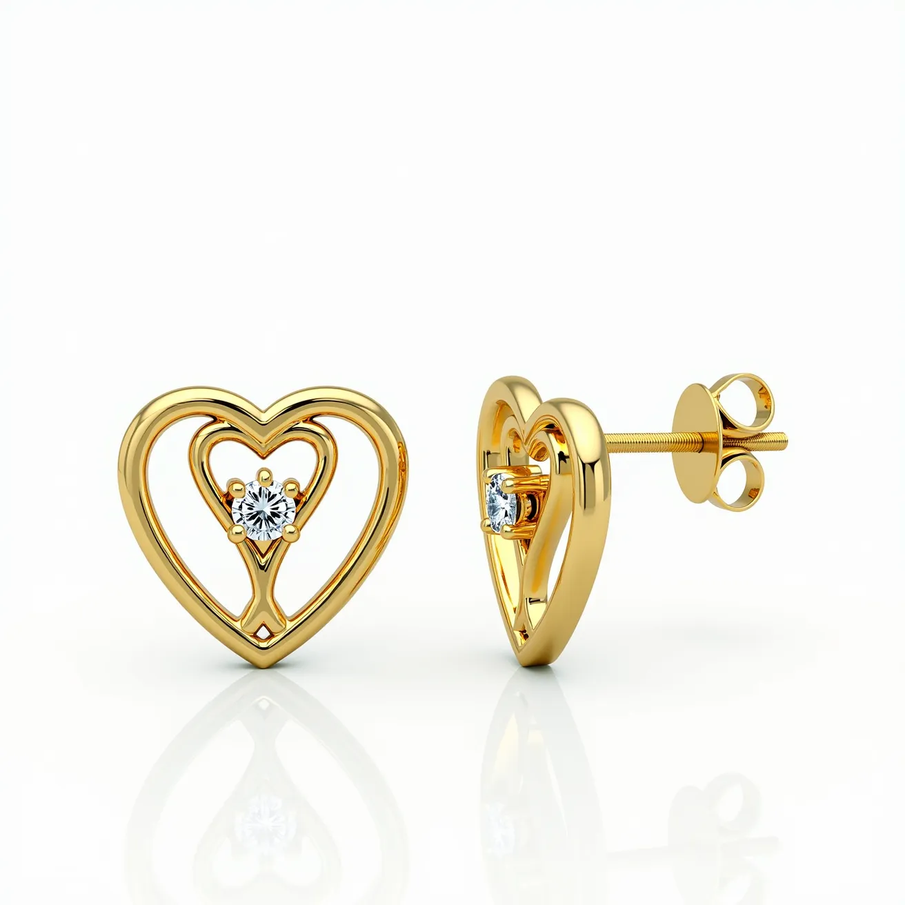 These heart stud earrings feature a sleek and elegant design crafted from golden metal, creating a timeless and classic look. At the center of each earring is a round-cut gem, which is securely held in place by a four-prong setting, adding a touch of sparkle and sophistication to the piece. The earrings are equipped with a screw-back clasp, ensuring a secure and comfortable fit for everyday wear. The harmonious balance of the heart shape and the central gemstone highlights the artistry and craftsmanship behind these exquisite earrings.