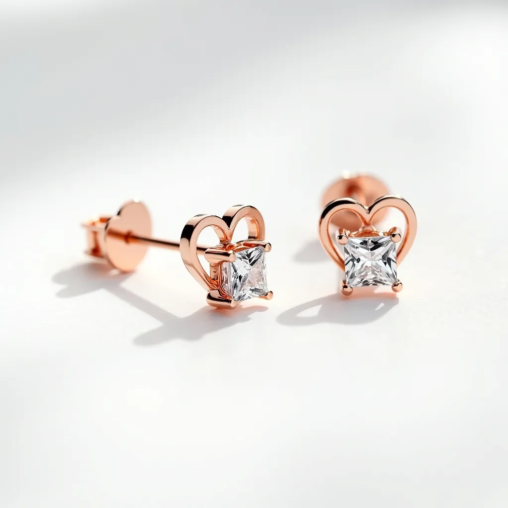 These heart stud earrings feature a striking design with a rose gold setting that beautifully complements the embedded stones. The centerpiece of each earring is a square-cut gem, likely a clear gemstone such as a diamond or a cubic zirconia, securely held in place by a four-prong setting. The heart outline elegantly frames the gemstone, adding a romantic touch to the overall design. The studs are equipped with a butterfly clasp, ensuring a secure and comfortable fit for the wearer. This combination of elements creates a delicate and stylish accessory suitable for various occasions.