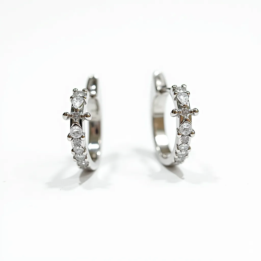 These hoop earrings feature a polished metal finish, likely made from white gold or platinum, and are adorned with round cut gemstones, possibly diamonds, set in a prong setting. The stones are uniformly arranged along the outer curve, enhancing the brilliance and sparkle of the earrings. The design includes a secure hinged clasp mechanism that allows for easy attachment and removal while ensuring they remain securely in place when worn. The overall craftsmanship highlights a balance of elegance and sophistication, suitable for both formal and casual occasions.