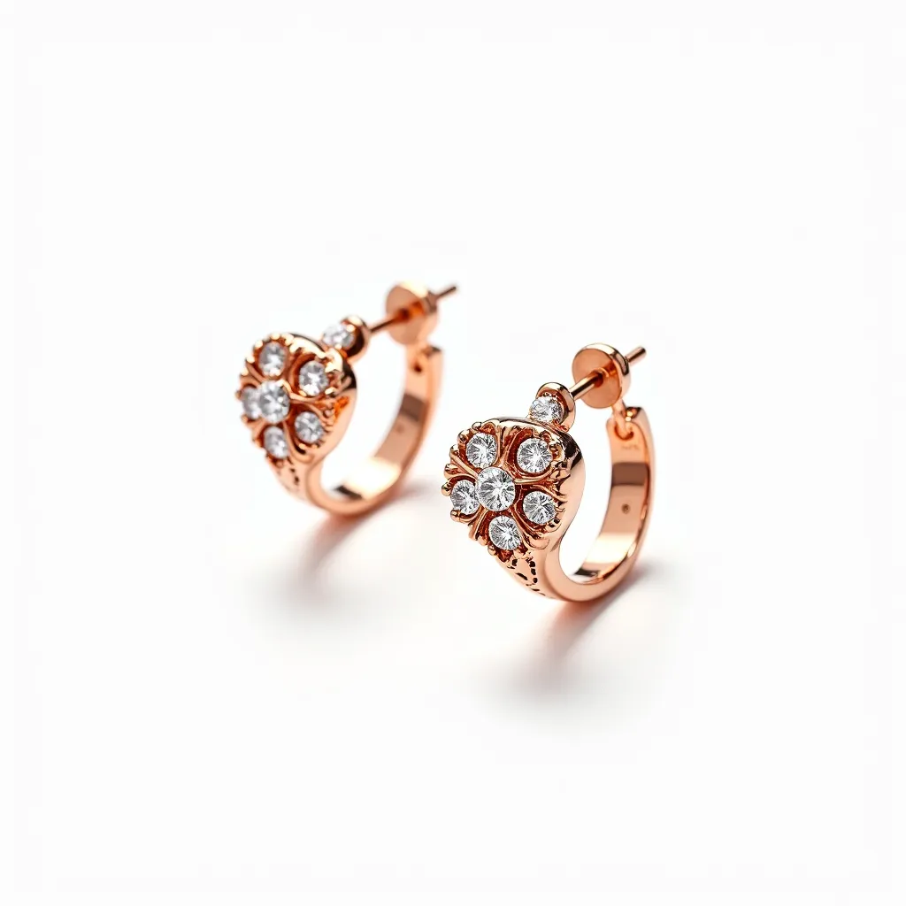 These huggie earrings feature a stylish design crafted from rose gold, showcasing an intricate floral pattern adorned with sparkling gemstones. The gemstones, likely diamonds, are round cut and expertly set in a prong setting, enhancing their brilliance and allowing maximum light reflection. The floral motif is elegantly integrated into the overall hoop design, adding a touch of sophistication. The earrings are secured with a hinge clasp, ensuring a comfortable and secure fit on the ear. The combination of the warm rose gold and the shimmering stones creates a striking contrast that highlights the beauty of the piece.