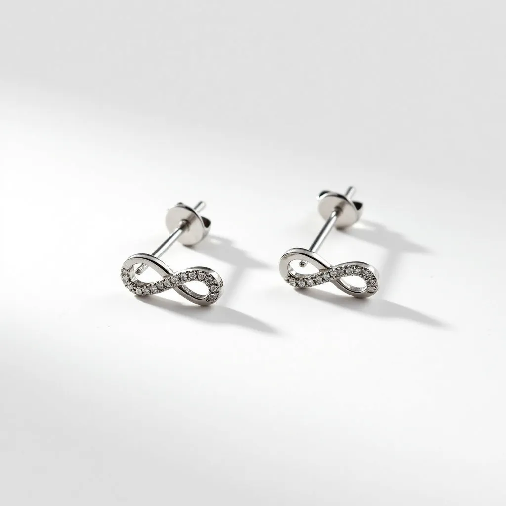 These infinity earrings feature a sleek and polished silver or white gold material, giving them a modern and elegant look. They are adorned with small, sparkling round-cut stones, likely diamonds or cubic zirconia, which are meticulously set along the infinity symbol in a pavé style. The earrings are attached with a simple yet secure post and butterfly back clasp, ensuring they stay comfortably in place when worn. These delicate and stylish earrings embody a timeless design.