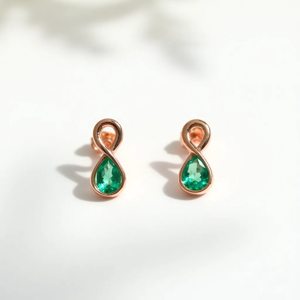 These infinity earrings are crafted in a warm rose gold setting, featuring a captivating design that elegantly loops into the shape of the infinity symbol. Each earring is adorned with a pear-shaped green gemstone, which is carefully set at the base of the design, enhancing the visual appeal with its vibrant hue. The gemstones appear to be faceted, adding brilliance and depth to the earrings. They are likely secured in place with a bezel setting, seamlessly integrating with the metallic framework. The back is fitted with a post, suitable for pierced ears, ensuring a secure and comfortable attachment.