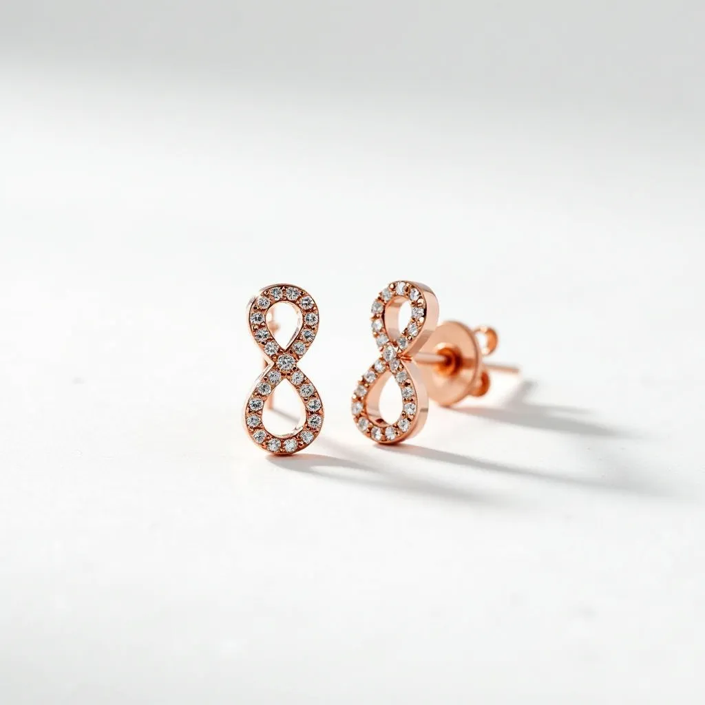 These infinity earrings are crafted from a lustrous rose gold material, elegantly shaped into the iconic infinity symbol. Adorned with small, round-cut gems, likely diamonds or cubic zirconia, these stones are meticulously set in a pavé style along the curves of the earrings, adding a touch of sparkle and sophistication. The earrings feature a post back attachment, secured with a butterfly clasp, ensuring comfort and stability when worn. The combination of the timeless infinity design with the shimmer of the stones creates a delicate yet striking piece of jewelry.