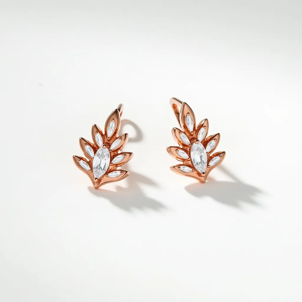 These leaf earrings design features a rose gold-toned metal that forms an elegant, stylized leaf pattern. The earrings are adorned with marquise-cut stones that resemble leaves, securely set within the metal structure, adding a touch of sophistication and sparkle. Each earring presents a main central stone flanked by smaller stones, enhancing the leaf motif with a harmonious flow. The earrings are equipped with a simple hook clasp, allowing for easy attachment and ensuring they stay securely in place when worn. The combination of the warm metal tone and the shimmering stones creates a visually striking accessory suitable for various occasions.