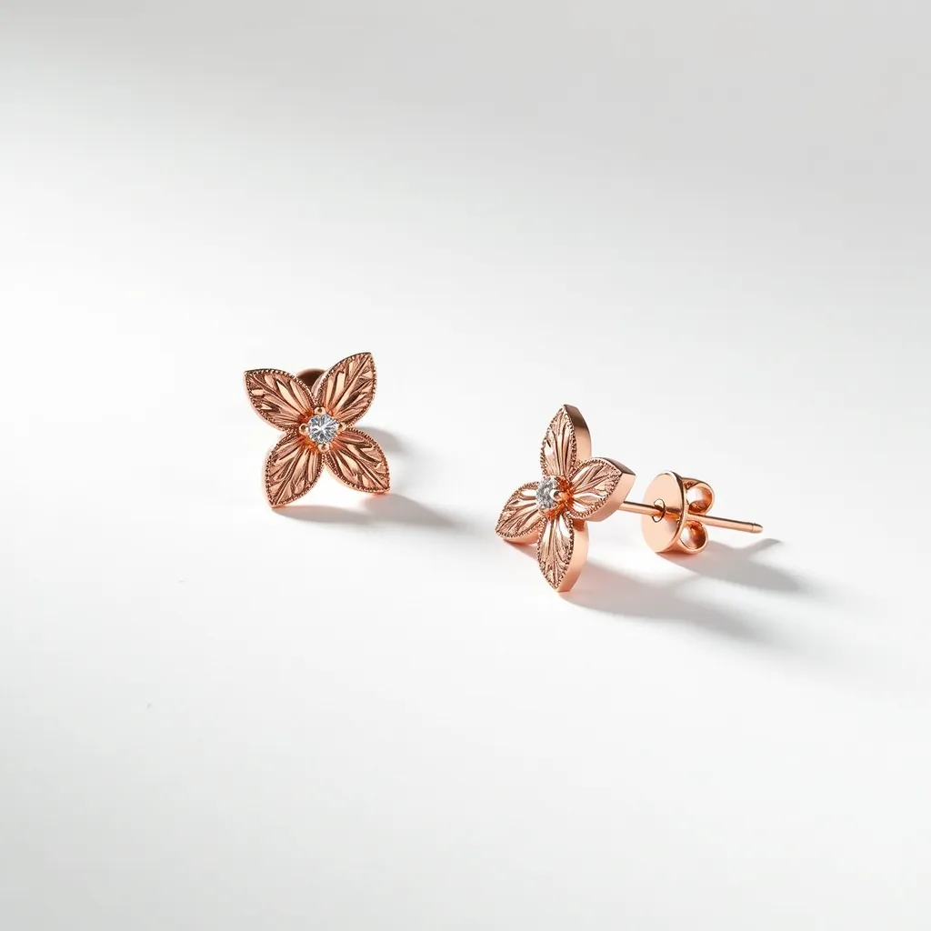 These leaf earrings are crafted from a rose gold-toned material, forming an intricate design resembling four overlapping leaves that create a floral motif. At the center of each earring lies a clear gem, likely a round-cut diamond or a similar stone, which adds a touch of sparkle and elegance. The gem is set in a bezel setting, securely holding it in place while allowing it to catch the light from multiple angles. These earrings utilize a post and butterfly clutch back attachment, providing a secure and comfortable fit for the wearer.