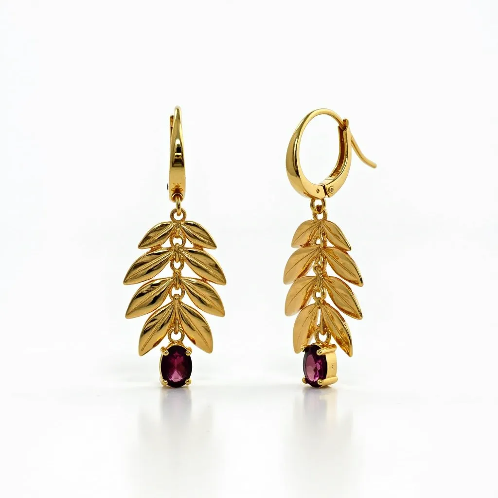 These leaf earrings design features a series of gold-colored leaf motifs elegantly arranged in a cascading pattern. At the base of each earring, an oval-shaped purple gem is set, adding a touch of color and sophistication. The gems appear to be faceted, allowing them to catch the light from different angles. The earrings are attached with hinged hoop clasps, providing secure and comfortable wear. The overall craftsmanship combines natural elements with luxurious materials, making them a striking accessory.