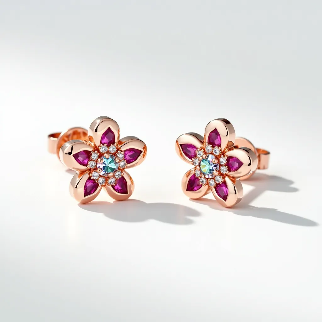 These little girl earrings feature a charming floral design crafted from rose gold. Each earring displays six vibrant pink marquise-cut stones, possibly rubies, arranged as petals around a central sparkling gem, likely a round-cut diamond or crystal. The petals are meticulously set in a pavé setting, enhancing the flower's delicate appearance. Surrounding the center stone is a halo of smaller clear stones that add to the overall sparkle. The earrings are secured with a traditional post and butterfly clasp, ensuring a comfortable and secure fit for little ears.