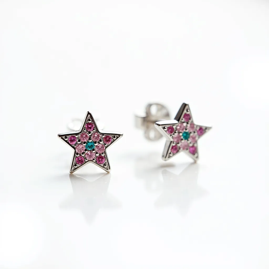 These little girl earrings feature a charming star design crafted from a shiny metal, likely silver or a similar alloy. The stars are adorned with small, round-cut pink and blue gemstones arranged in a symmetric pattern. The pink stones are prominently set around the edges, with a solitary blue stone positioned at the center, creating a playful and vibrant look. Each earring employs a simple and secure post-back clasp, making them easy to wear and ensuring they stay securely in place. The setting of the stones appears to be prong, which holds each gem in place while allowing light to enhance their sparkle.