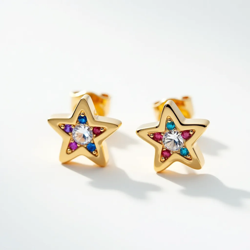 These little girl’s earrings are designed in a charming star shape, crafted from a gold-toned metal that gives them a lustrous finish. At the center of each star is a round-cut clear gem, possibly a cubic zirconia, set in a simple bezel setting that highlights its sparkle. Surrounding the central gem are small, colorful stones in shades of blue and pink, adding a vibrant and playful touch to the overall design. These stones are set within the points of the star, secure in prong settings. The earrings are equipped with a sturdy post and butterfly back clasp, ensuring they remain securely fastened while being comfortably worn.