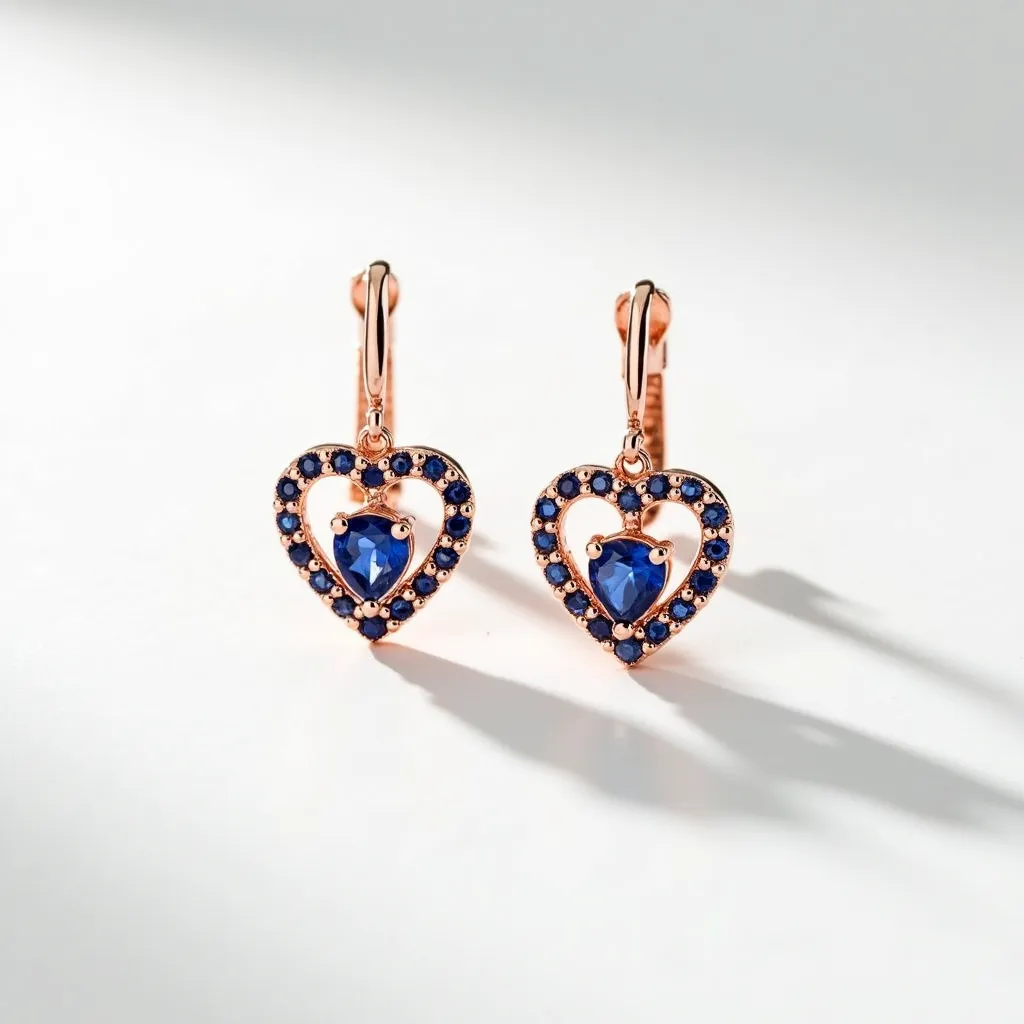 These love earrings feature a rose gold-colored metal forming two symmetrical heart-shaped designs. Each earring is adorned with deep blue gemstones that are arranged around the heart outline, providing a vibrant contrast to the metal. The centerpiece of each heart showcases a larger, heart-shaped blue gemstone set in a prong setting, highlighting the central theme of love. The earrings are equipped with a secure lever-back clasp, ensuring they remain fastened comfortably. The combination of colors and materials creates a classic and elegant appearance.