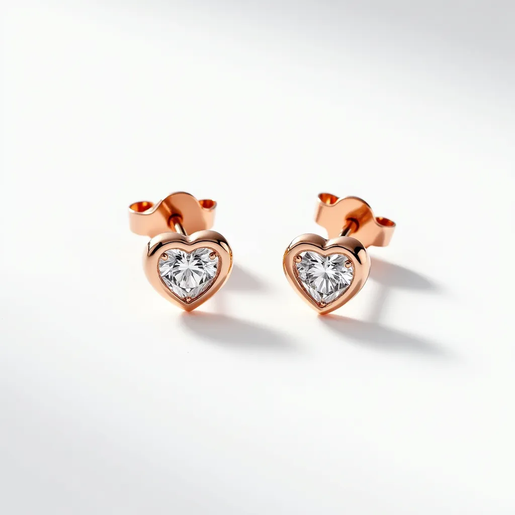 These love earrings feature a charming heart-shaped design crafted from what appears to be rose gold. At the center of each earring is a dazzling round-cut gem, possibly a diamond, securely held in a bezel setting that highlights its brilliance. The earrings utilize a classic post and butterfly back clasp, ensuring a secure and comfortable fit for the wearer. The harmonious combination of rose gold and the sparkling stones creates an elegant and timeless aesthetic, perfect for expressing sentiments of love and affection.