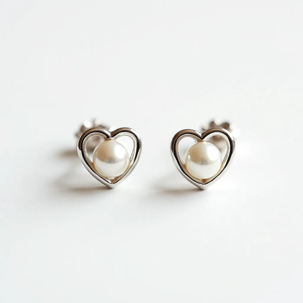 These love earrings feature a charming design with open heart-shaped outlines crafted from a silver material, giving them a sleek and modern appearance. At the center of each earring is a lustrous, round pearl, securely held in place without any visible prongs, suggesting a bezel or similar setting that provides a minimalist look while highlighting the gems' natural beauty. The earrings are secured with a classic post and butterfly clutch back, ensuring a comfortable and secure fit for everyday wear. The combination of the metallic finish and the pearls creates a timeless, elegant look that can complement a variety of styles.