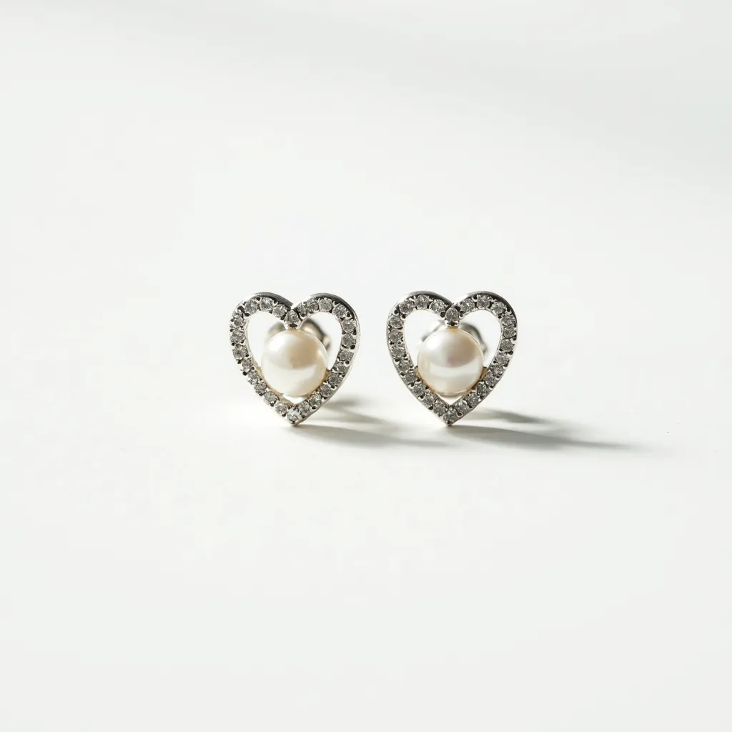 These love earrings feature a romantic heart-shaped design crafted from a metal that appears to be silver or white gold. Each earring is adorned with a central round pearl, which adds a classic and elegant touch. Surrounding the pearl is a line of small, round-cut clear stones, likely diamonds or cubic zirconia, set closely together in a pave style to enhance their brilliance. The elegant combination of materials creates a timeless piece suitable for a variety of occasions.