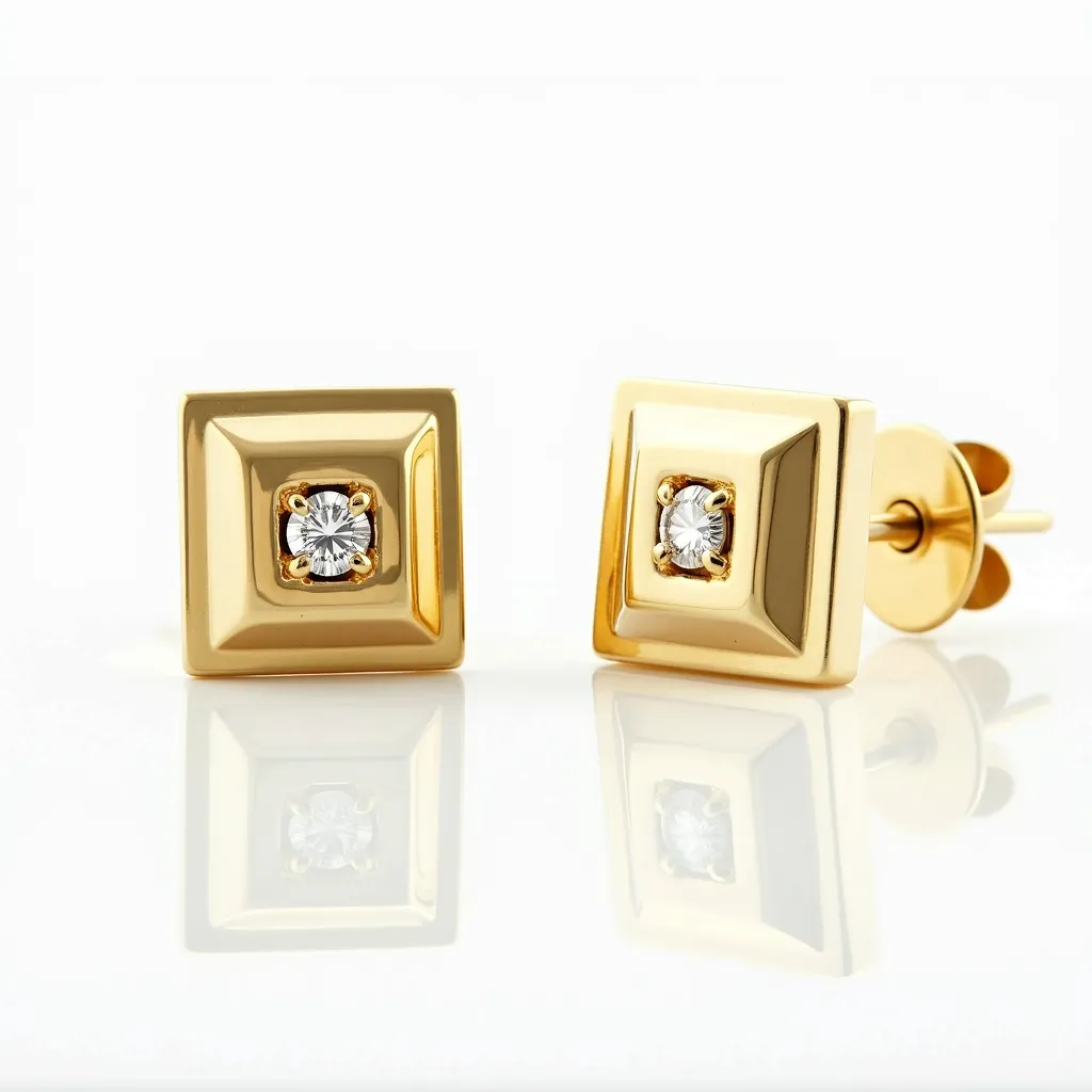 These mens earrings feature a sophisticated square design with a polished gold finish that exudes elegance. At the center of each earring sits a brilliant-cut diamond, securely held by a four-prong setting that accentuates the stone's clarity and brilliance. The earrings employ a classic push-back clasp, ensuring a secure fit while maintaining a sleek appearance. The overall design combines modern geometrical elements with timeless materials, making these earrings a versatile addition to any ensemble.