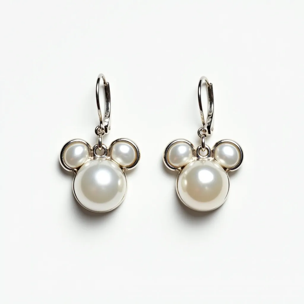 These mickey mouse earrings feature a charming design with a silhouette resembling Mickey Mouse's iconic shape, composed of three pearls in each earring. The larger central pearl forms the face, while two smaller pearls represent the ears. The pearls exhibit a classic, lustrous white finish, adding elegance to the playful design. Each pearl is set in a simple bezel setting that securely holds them in place while enhancing their smooth, rounded appearance. The earrings are equipped with a lever-back clasp, providing a secure and comfortable attachment when worn. The combination of pearls and a metal setting gives these earrings a sophisticated yet whimsical appeal.