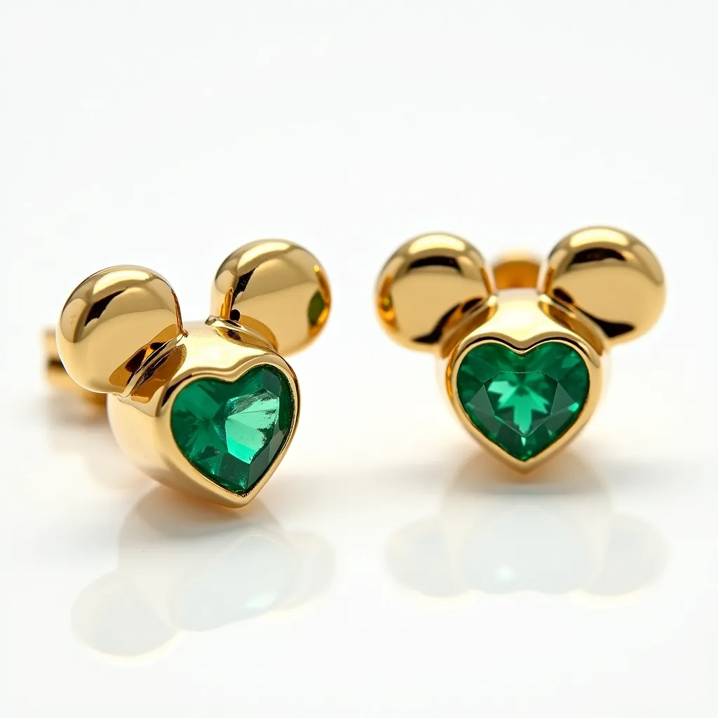 These Mickey Mouse earrings design features a charming combination of gold-toned metal crafted into the iconic silhouette, complete with two rounded ears. The central element of the earrings showcases heart-shaped green gems with a faceted cut, capturing light beautifully to enhance their vibrant color. These gems are secured in a bezel setting, providing a smooth and polished finish that complements the playful aesthetic. The attachment style suggests sturdy stud backings, ensuring a secure fit for everyday wear.