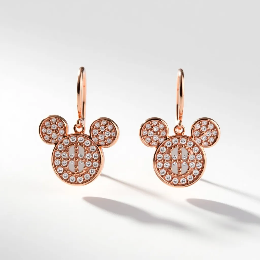 These Mickey Mouse earrings feature a design crafted from a rose gold-colored metal, forming the iconic silhouette of Mickey Mouse's head and ears. Each earring is adorned with numerous small, round-cut clear stones, likely cubic zirconia or diamonds, meticulously set into the metal to create a sparkling effect. The stones are embedded in a pave setting, which enhances their brilliance by allowing them to catch light from multiple angles. The earrings are equipped with a lever-back clasp, ensuring they are securely fastened when worn. The overall design combines playful charm with elegance, making them suitable for various occasions.