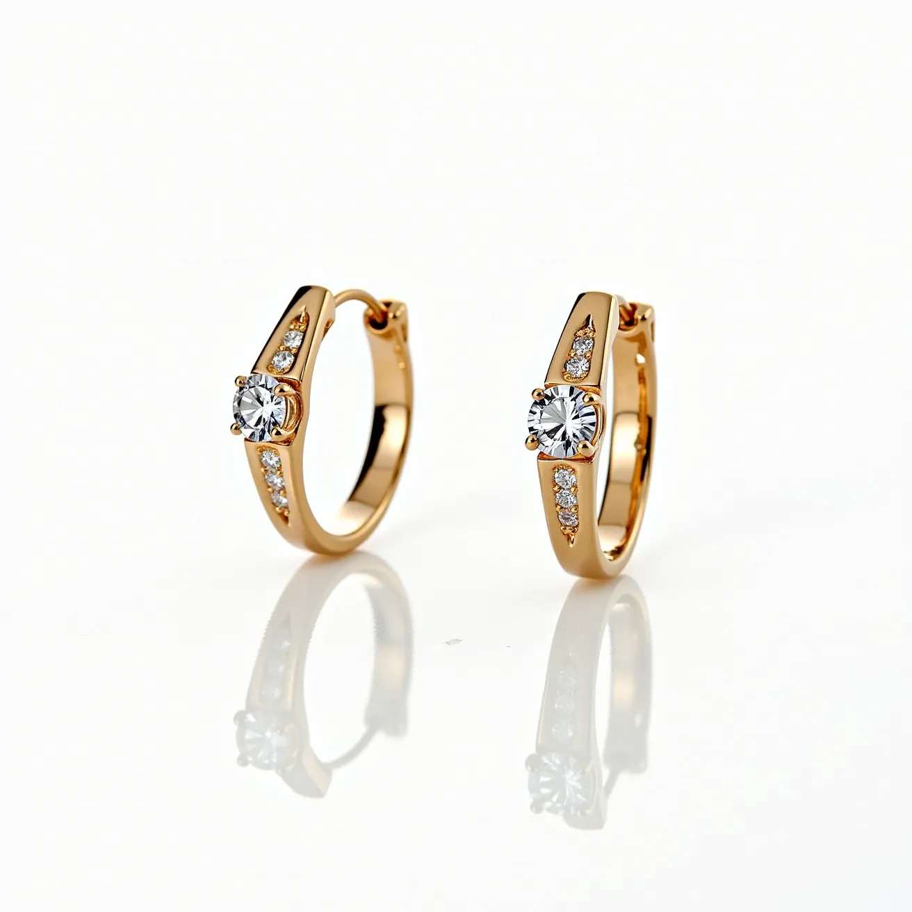 These moissanite earrings feature a prominent central round-cut moissanite stone, held securely in a prong setting that accentuates its brilliance. The earrings are crafted from a warm gold-toned metal, possibly gold or gold-plated, adding a luxurious touch to the design. Additional smaller moissanite stones are pavé-set along the band, enhancing the overall sparkle and elegance. The hoop-style design is practical and stylish, finished with a hinged clasp mechanism that ensures a secure fit when worn.