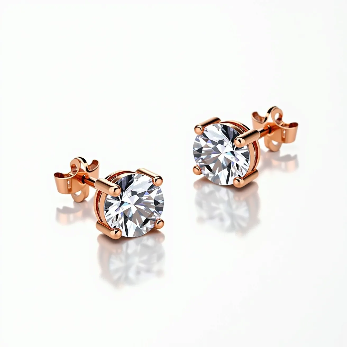 These moissanite earrings feature brilliant-cut moissanite gemstones, set in a classic four-prong setting that enhances their sparkle and brilliance. The prongs and setting are crafted from a warm-toned metal, likely rose gold, which provides an elegant contrast to the clear gemstones. These earrings employ a push-back clasp, ensuring secure and comfortable wear. The careful design and choice of materials emphasize the timeless appeal and aesthetic versatility of the earrings.