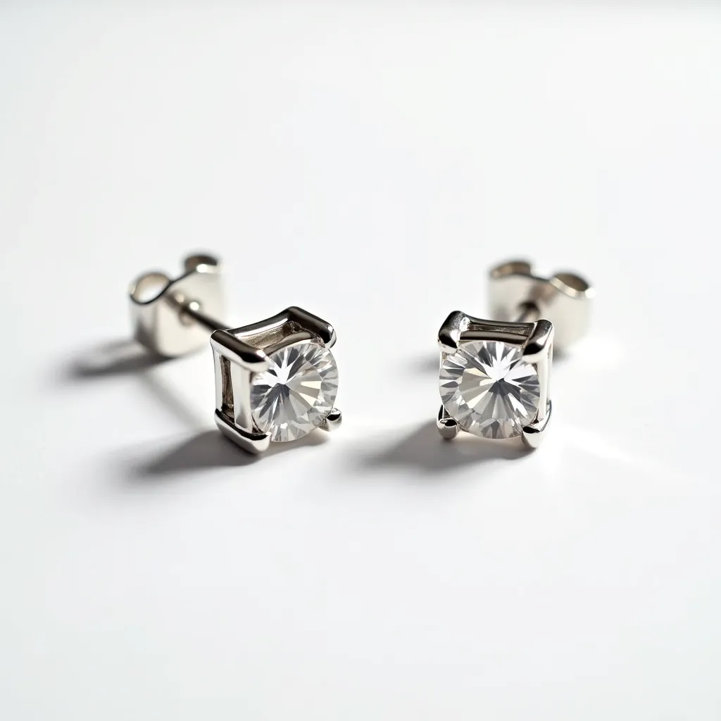 These moissanite earrings feature brilliant round-cut stones set in a sleek, polished metal, likely silver or white gold, which enhances their sparkle and elegance. The moissanite stones are securely held in place by a classic four-prong setting that allows maximum light to pass through, emphasizing their clarity and brilliance. These earrings are designed with a simple stud style, featuring traditional post and butterfly backings, ensuring ease of wear and secure attachment. The craftsmanship showcases a blend of modern simplicity and timeless elegance, making them a versatile accessory for various occasions.