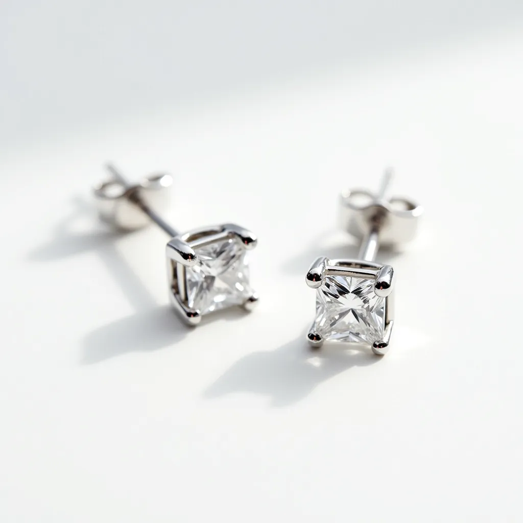 These moissanite earrings feature a pair of square-cut moissanite gems, meticulously set in a classic four-prong setting that highlights their brilliance. The stones are mounted on a metal base that appears to be crafted from a white, reflective material, likely white gold or sterling silver, enhancing the lustrous appearance of the earrings. The earrings are designed with a push-back clasp, providing a secure and comfortable fit for everyday wear. The simple yet elegant design emphasizes the dazzling quality of the moissanite, making these earrings a striking accessory.