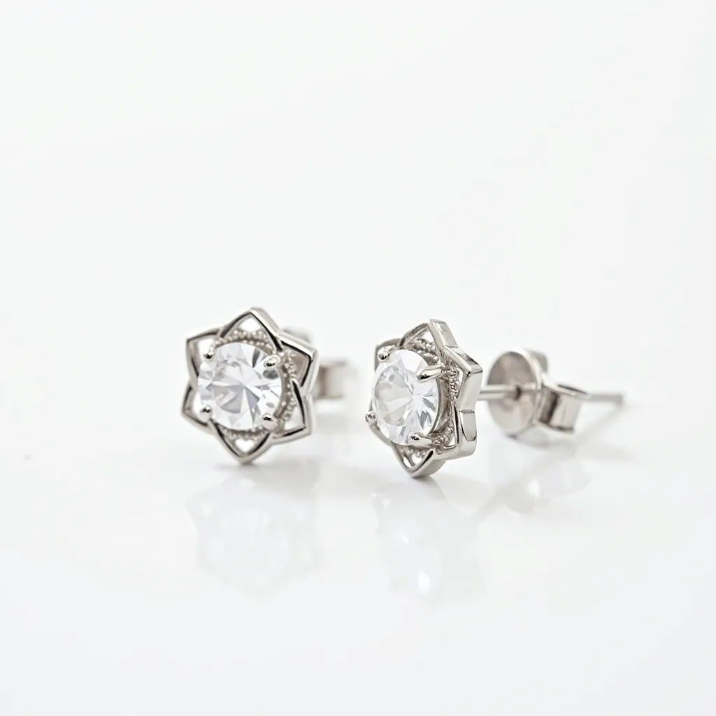 These moissanite earring set features dazzling round-cut moissanite stones, each securely held in a unique star-shaped setting crafted from a shiny metal, likely white gold or sterling silver. The intricate design includes a milgrain detail bordering the stones, adding an elegant texture to the overall appearance. These earrings are equipped with a convenient push-back clasp, providing a secure and comfortable attachment for the wearer. The craftsmanship highlights the brilliance and clarity of the moissanite, making the earrings a striking accessory.