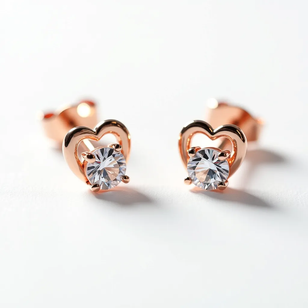 These moissanite earrings feature stunning round-cut moissanite gems securely held in a classic four-prong setting, accentuating their brilliance. The earrings are crafted from a lustrous metal that appears to be rose gold, giving them a warm and elegant appearance. The moissanite stones are nestled within a heart-shaped design, enhancing the romantic appeal. The earrings are designed with a post back and butterfly clutch, ensuring a secure and comfortable fit when worn.