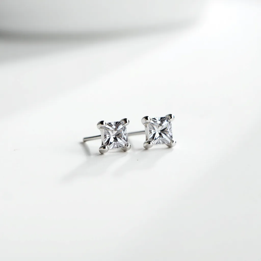 These moissanite earrings feature a pair of sparkling square-cut moissanite stones, each set elegantly in a solitaire style. The stones are secured with a prong setting, which enhances their brilliance and allows maximum light to pass through. The metal used for the prongs and the earring post appears to be a polished silver-tone, giving the earrings a sleek and sophisticated look. The earrings are designed with a straightforward post and back attachment, ensuring secure and comfortable wear.