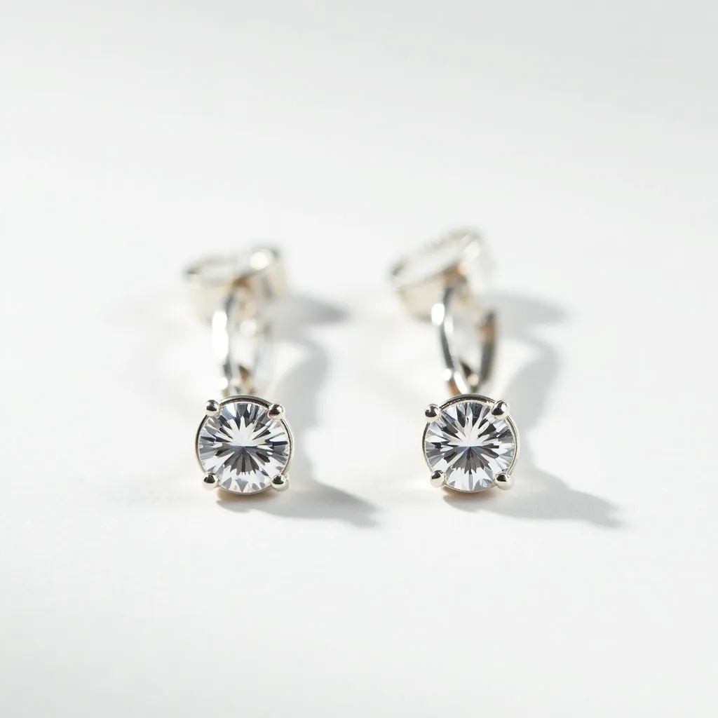 These moissanite earrings feature a pair of round-cut moissanite stones, elegantly set in a four-prong setting. The stones display a brilliant sparkle, characteristic of moissanite, and are likely mounted on a metallic frame that may be silver or white gold, providing a complementary and refined finish. The earrings are designed with a lever-back clasp, offering both security and comfort for the wearer. The sleek design highlights the clarity and cut of the stones, creating a sophisticated and timeless accessory.