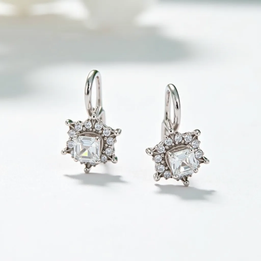 These moissanite earrings showcase a stunning design featuring a central square-cut moissanite stone, surrounded by a halo of smaller round brilliant moissanite stones, creating a sparkling cluster effect. The central stone is securely held in a prong setting, giving it an elevated and prominent appearance, while the surrounding stones enhance its brilliance. The earrings are crafted from a sleek, polished metal that complements the luminosity of the moissanite. They are designed with a lever-back clasp, providing both security and ease of wear. This elegant combination of materials and setting results in a sophisticated and eye-catching accessory.