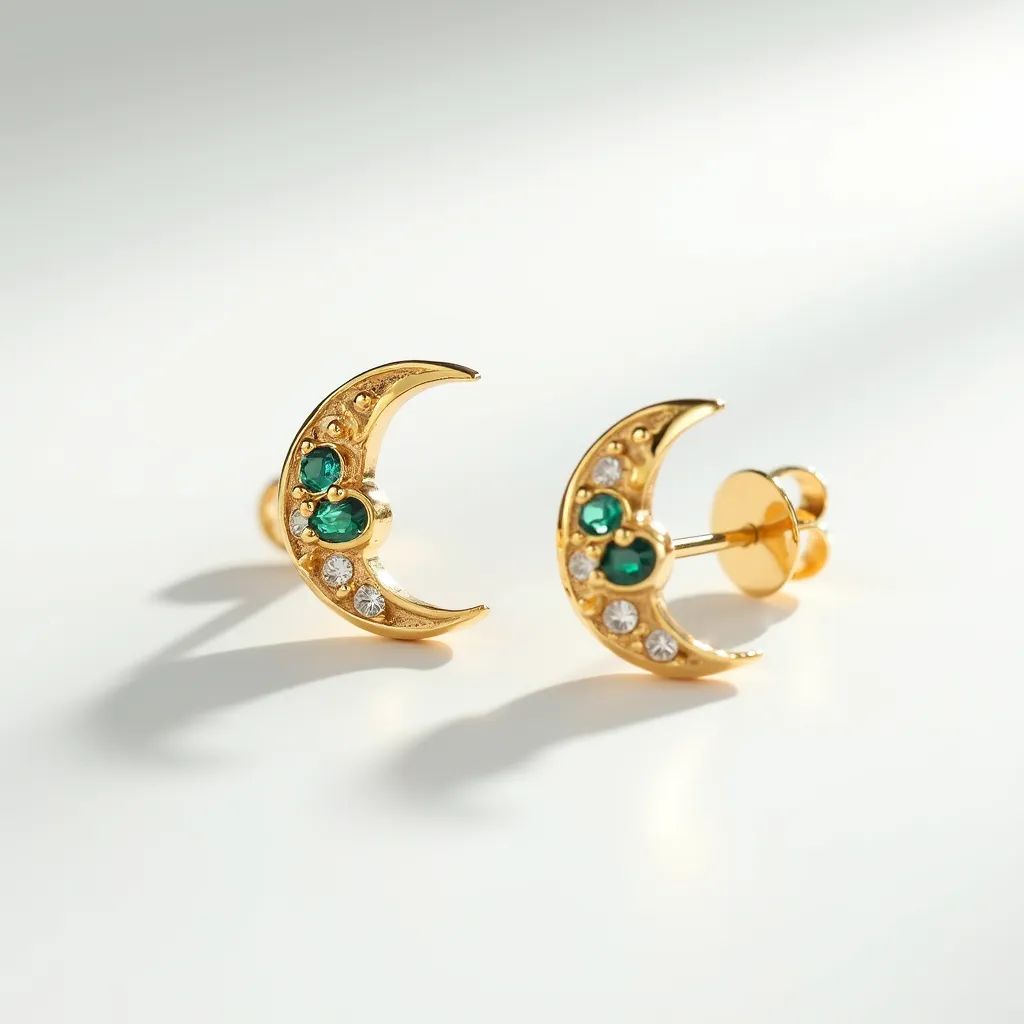 These moon earrings feature a crescent shape crafted from a gold-toned metal. Each crescent is adorned with brilliant green stones, possibly emeralds, set prominently in a bezel style. Alongside these are smaller, clear stones, likely diamonds or cubic zirconia, each set in a flush or prong manner, enhancing the overall sparkle of the design. The earrings are fitted with a classic post and butterfly back clasp, ensuring secure wear while maintaining elegance. The combination of the green and clear stones with the golden base creates a striking celestial effect.