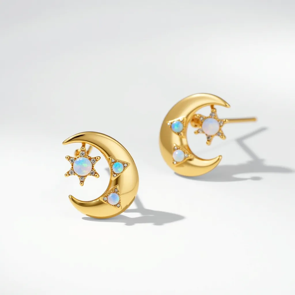 These moon earrings feature a crescent moon design crafted from what appears to be gold or gold-toned metal, showcasing a polished finish. Embedded within the design are small opal gems, displaying a milky white appearance with subtle color reflections, adding an iridescent quality. The earrings are further adorned with small, presumably round-cut white stones, likely cubic zirconia or diamonds, providing additional sparkle. The opals are set within a star shape that is part of the crescent design. The earrings have a post-back attachment, commonly used for studs, ensuring secure and comfortable wear.